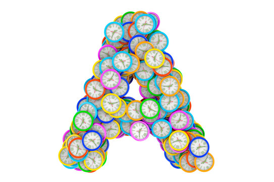 Letter A from colored wall clocks, 3D rendering