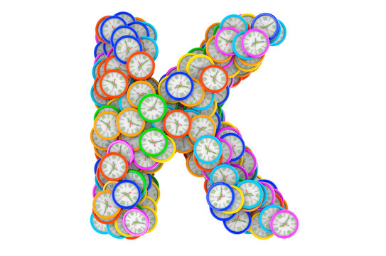 Letter K from colored wall clocks, 3D rendering