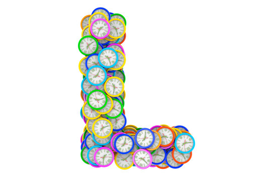 Letter L from colored wall clocks, 3D rendering