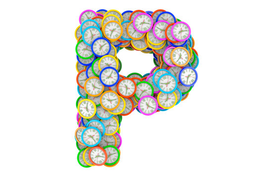 Letter P from colored wall clocks, 3D rendering