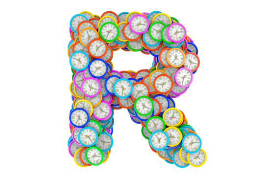Letter R from colored wall clocks, 3D rendering