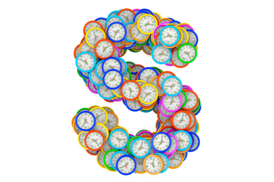 Letter S from colored wall clocks, 3D rendering