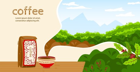 Coffee vector illustration. Cartoon flat coffee cup aroma beverage, paper bag package, coffee beans harvest natural ingredient plants and nature plantation, green field landscape view promotion banner