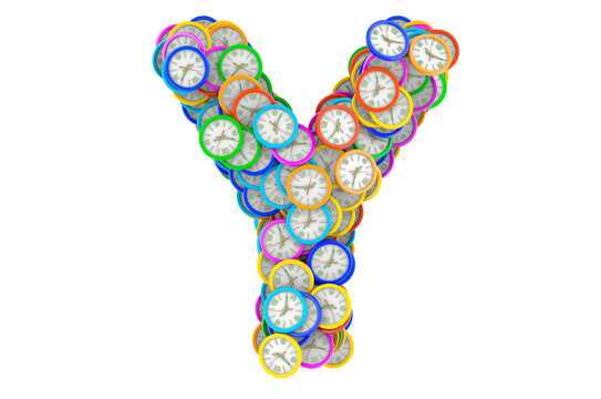Letter Y from colored wall clocks, 3D rendering