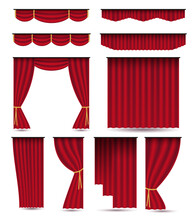 Set Of Red Luxury Silk Velvet Curtains And Draperies.Realistic Interior Decoration Design. Illustration Isolated On White Background.Raster Version.Clipart