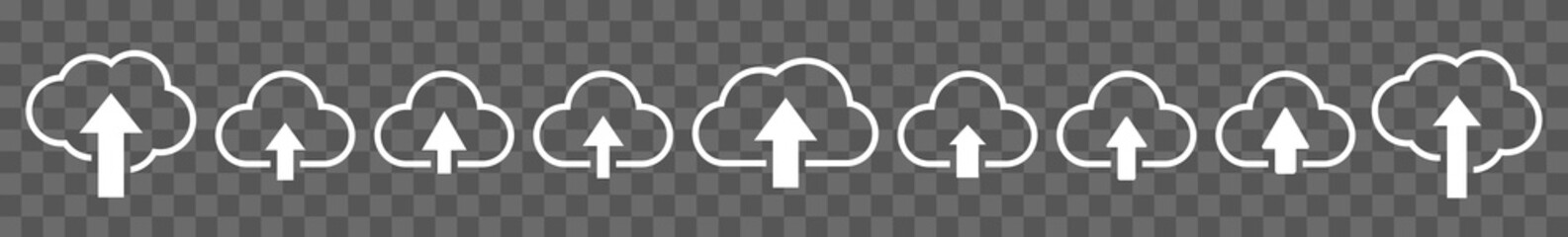 Wall Mural - Cloud Upload Icon White | Clouds Arrow Up Illustration | Computing Storage Symbol |  Server Data Internet Logo | IT Service Sign | Isolated | Variations