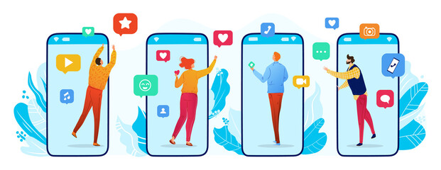 social networking vector illustration. cartoon flat tiny man woman user characters from smartphone s