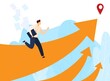 © Seahorsevector - Startup business vector illustration. Cartoon flat tiny leader businessman character runs up big arrow, hurrying to start new project, career growth or success leadership concept isolated on white