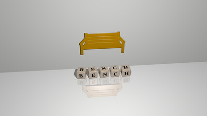 Poster - 3D representation of BENCH with icon on the wall and text arranged by metallic cubic letters on a mirror floor for concept meaning and slideshow presentation. park and background