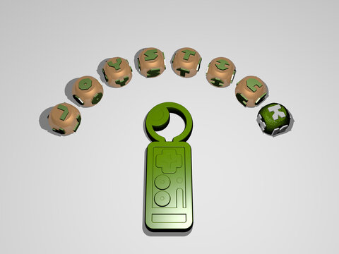 3D illustration of JOYSTICK graphics and text around the icon made by metallic dice letters for the related meanings of the concept and presentations. game and console
