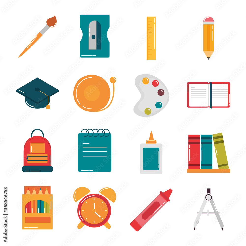 school education supply class stationery flat style icons set Stock ...