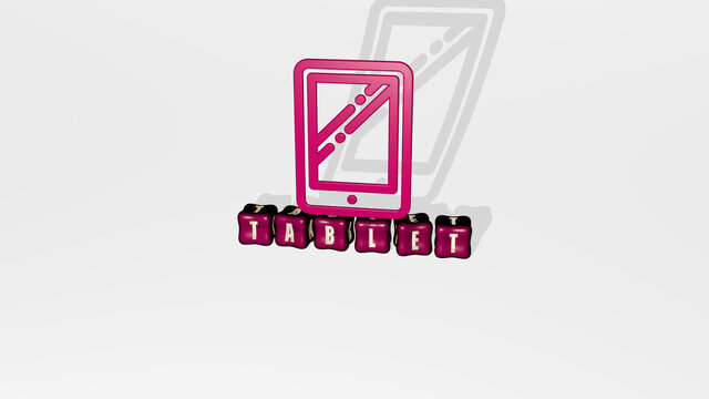 3D illustration of tablet graphics and text made by metallic dice letters for the related meanings of the concept and presentations. computer and digital