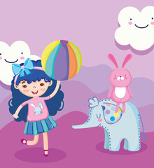 Wall Mural - toys object for small kids to play cartoon, little girl with ball rabbit and elephant