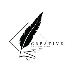 feather pen logo silhouette with square line vector design template