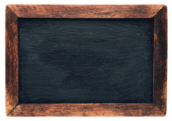 Old vintage chalkboard with worn wooden frame. Blank empty blackboard with space for text.