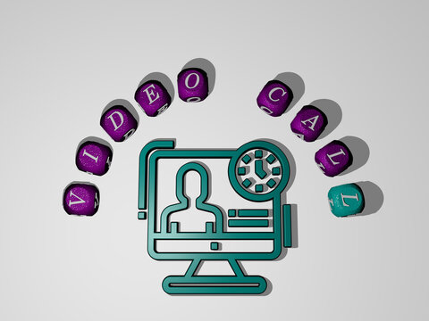 3D illustration of VIDEO CALL graphics and text around the icon made by metallic dice letters for the related meanings of the concept and presentations. background and camera