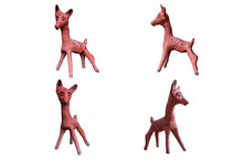 Set Of Ugly Fawn Statue Carved From Wood, Hand Painted Isolated On White