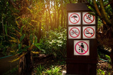 26 July 2020, ChaingMai, Thailand. Warning Sign On Display Of Do Not Open Umbrella,  Do Not Pick Flowers, Do Not Ride A Bicycle, No Smoking And Do Not Litter In Royal Park , ChaingMai, Thailand.