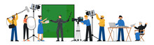 Movie Production Scene. Isolated Film Production People Crew Making Movie. Film Director Man, Actor Person, Camera Operator Shooting, Lighting Technician Woman, Sound Designer Vector Illustration