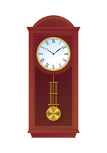 Traditional Retro Style Pendulum Clock. Vintage Grandfather Floor Clock In Tall Wooden Case. Interior Decoration Object Flat Vector Illustration Isolated On White Background.