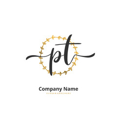 Wall Mural - P T PT Initial handwriting and signature logo design with circle. Beautiful design handwritten logo for fashion, team, wedding, luxury logo.