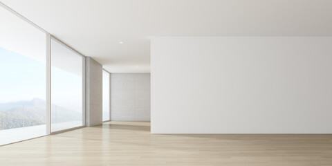 Poster - Modern empty room with wooden floor and large window on mountain background. 3d render.	

