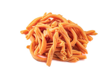 Wall Mural - Fresh Gemelli pasta with carrot flavor isolated on a white background