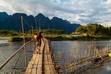 Plank Bridge Over The Nam Song River In Vang Vieng, Laos