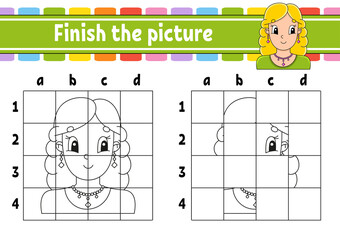 Finish the picture. Coloring book pages for kids. Education developing worksheet. Game for children. Handwriting practice. Cartoon character. Vector illustration.
