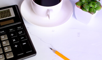 Poster - Cup from coffee, the calculator on documents.
