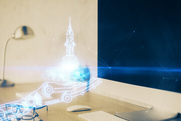Aufkleber - Desktop computer background in office and start up theme hologram drawing. Double exposure. Startup concept.
