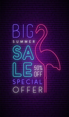 Wall Mural - Summer sale neon signboard. Bright light sale design with lettering and pink flamingo. Advertaising banner. Stock vector illustration.