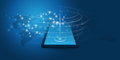 Poster - Abstract Blue Minimal Style Cloud Computing, Networks, Telecommunications Concept Design with Tablet PC, Mobile Device, Glowing Lines of Flowing Digital Data, Binary Code - Vector Illustration
