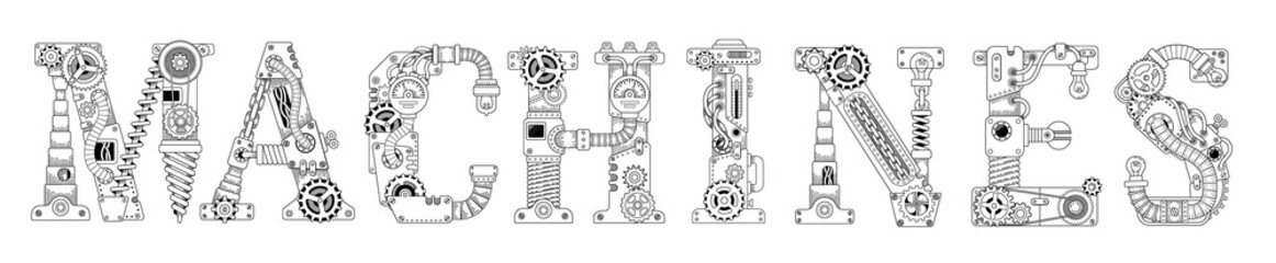 Steampunk banner. Lettering made of gears and various mechanical details on white background. Coloring the Text made of capital letters English alphabet.