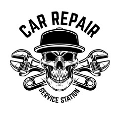 Wall Mural - Car repair. Service station. Emblem template with skull and crossed wrenches. Design element for logo, emblem, sign, poster, card, banner.