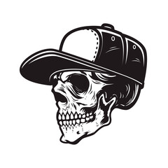 Wall Mural - Illustration of skull in baseball cap in engraving style. Design element for logo, emblem, sign, poster, card, banner.