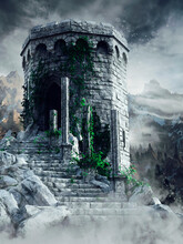 Fantasy Scene With A Ruined Tower With Stairs In The Mountains, Surrounded By Fog. 3D Render.
