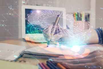 double exposure of woman's hands on background with technology and digital coding icons. data develo