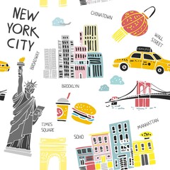 Wall Mural - Decorative seamless pattern with new York symbols isolated on white. Background with architecture, names of attractions in the city of America for tourism, printing on Souvenirs. Vector illustration.