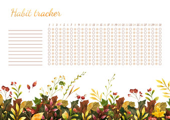 Habit tracker for month. Autumn leaves themed blank, personal organizer with decorative frame. Border with stylized gold lettering. Template with watercolor illustration. 