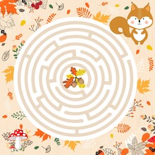 Small Squirrel In The Autumn Forest. Educational Game For Children. A Fun Maze For Young Children. Cartoon Vector Illustration.
