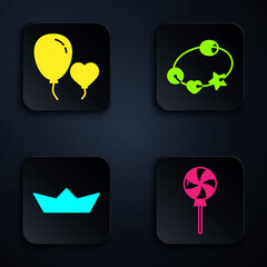 Poster - Set Lollipop, Balloons in form of heart, Folded paper boat and Rattle baby toy. Black square button. Vector.