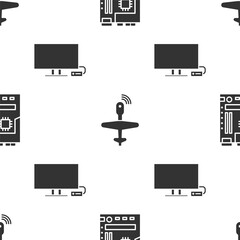 Set Motherboard, UAV Drone and Smart Tv on seamless pattern. Vector.