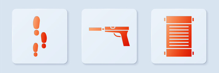 Sticker - Set Pistol or gun with silencer, Footsteps and Decree, paper, parchment, scroll. White square button. Vector.