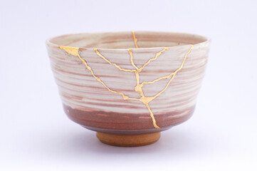 Antique kintsugi, tea pottery set chawan bowl restored with gold.