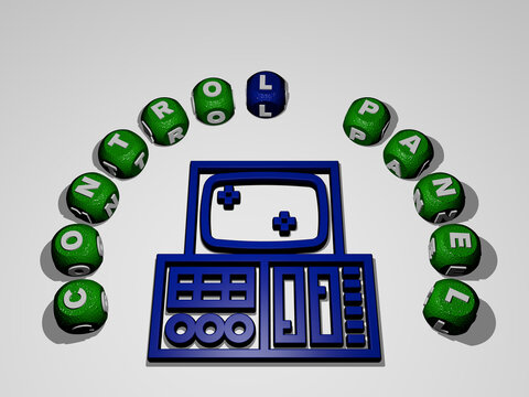 3D illustration of CONTROL PANEL graphics and text around the icon made by metallic dice letters for the related meanings of the concept and presentations. background and business