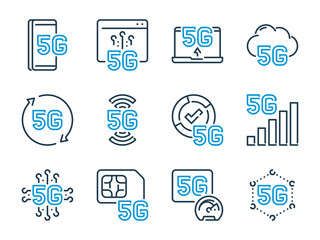 Wall Mural - 5th Generation Network related vector line icon set. 5G Technology outline icons.