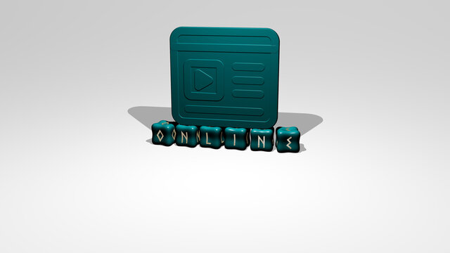 3D illustration of ONLINE graphics and text made by metallic dice letters for the related meanings of the concept and presentations. business and computer