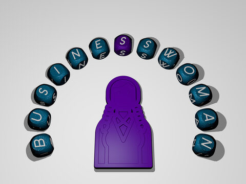 3D illustration of businesswoman graphics and text around the icon made by metallic dice letters for the related meanings of the concept and presentations. office and adult