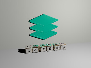 Poster - 3D graphical image of layers vertically along with text built by metallic cubic letters from the top perspective, excellent for the concept presentation and slideshows. background and illustration